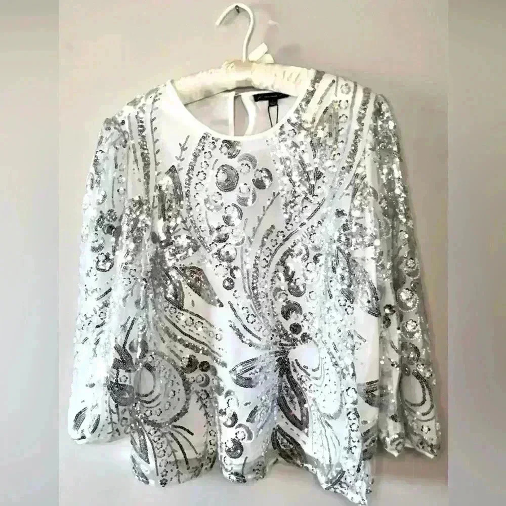 NWT Adrianna Papell Sequin Embroidered Top 3/4 Length Sleeves in Ivory Sz Large